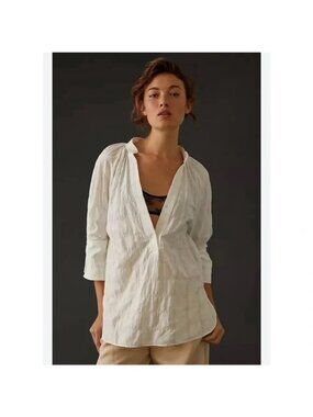 Anthropologie White Textured 3/4 Sleeve Tunic Top 1X Cotton Blend Relaxed Fit